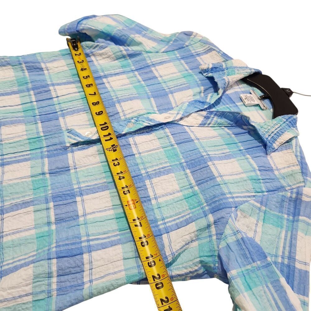 Rebeca Malone Top Size Medium Blue Plaid Front Buttons Short Sleeve - Picture 7 of 10